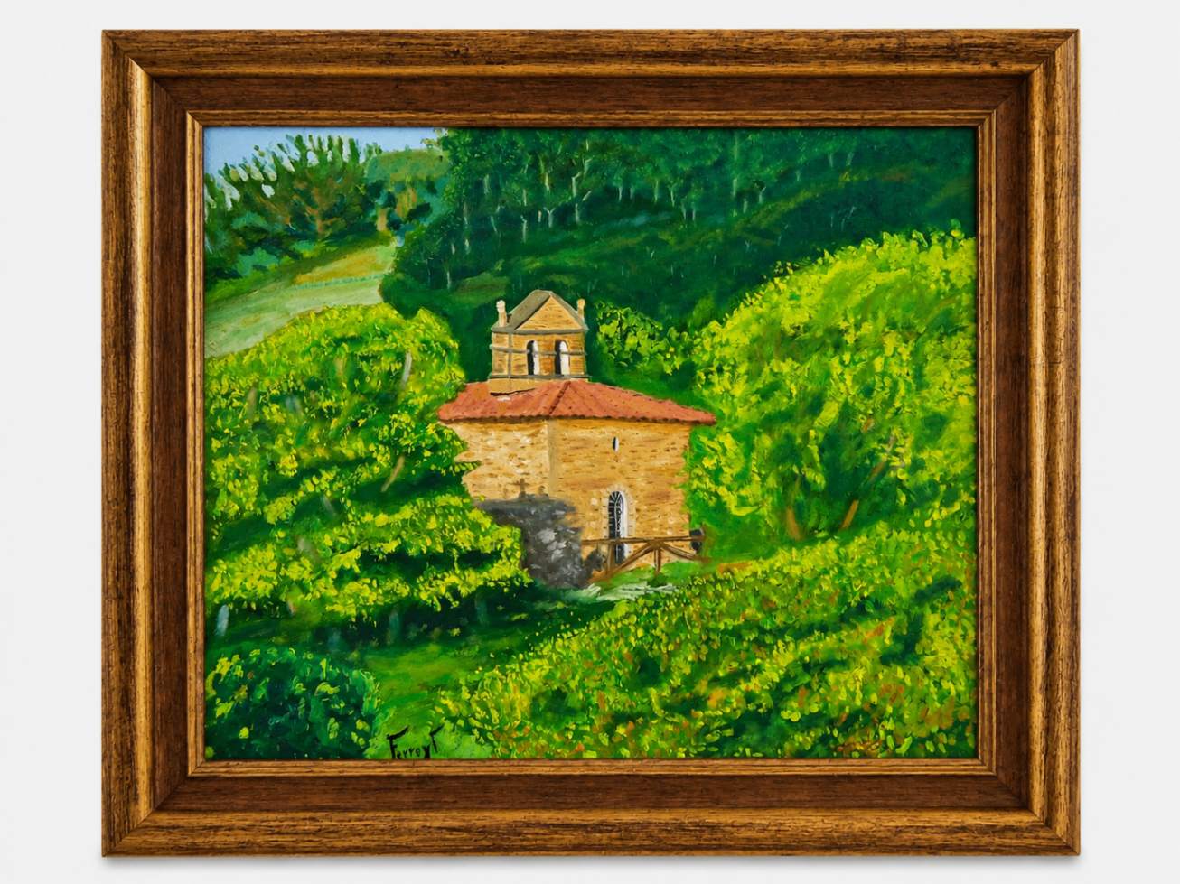 Óleo de la Iglesia de Bustiello, una pequeña ermita rodeada de vegetación luminosa