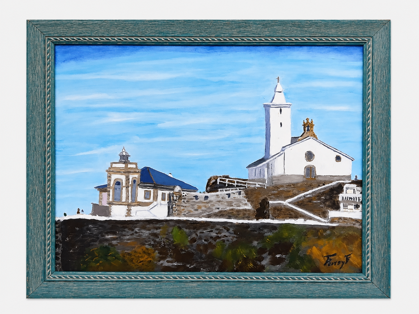Óleo de un santuario blanco junto a la costa con marco turquesa