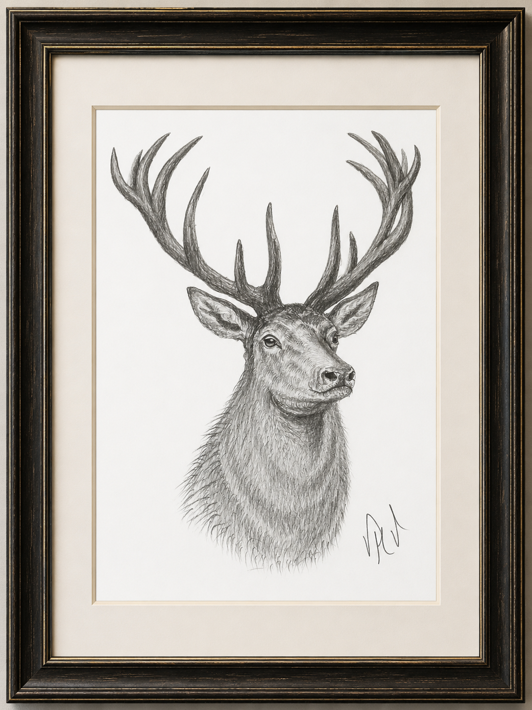 Dibujo enmarcado de un venado con gran cornamenta sobre papel blanco