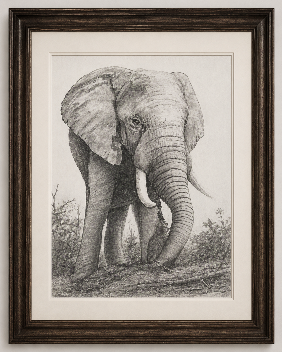 Dibujo enmarcado de un elefante africano avanzando en la sabana