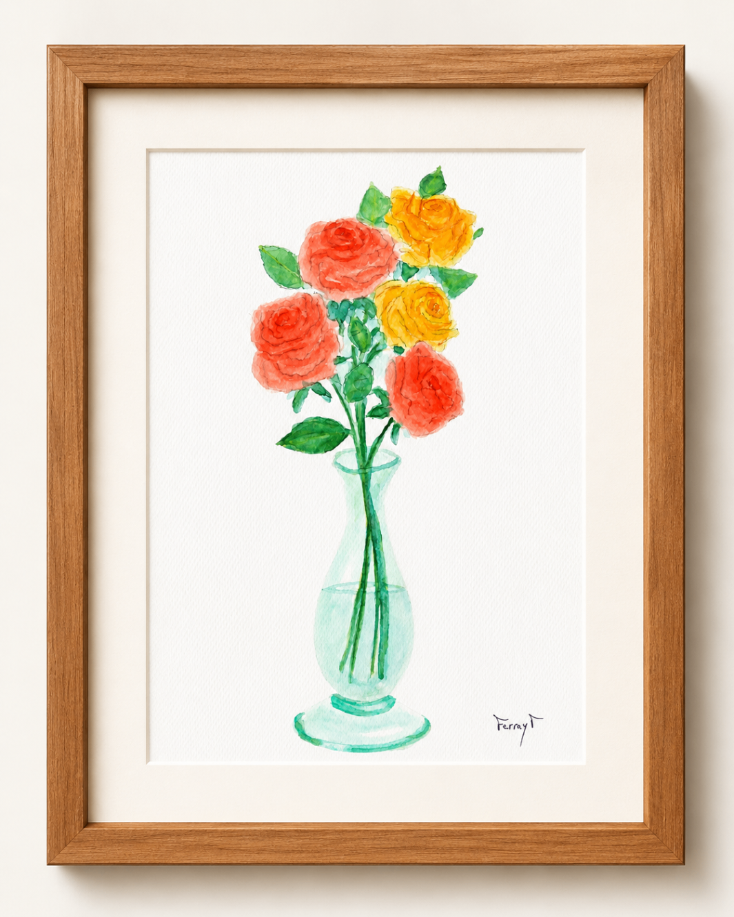 Dibujo enmarcado de rosas rojas y amarillas en un jarrón de vidrio