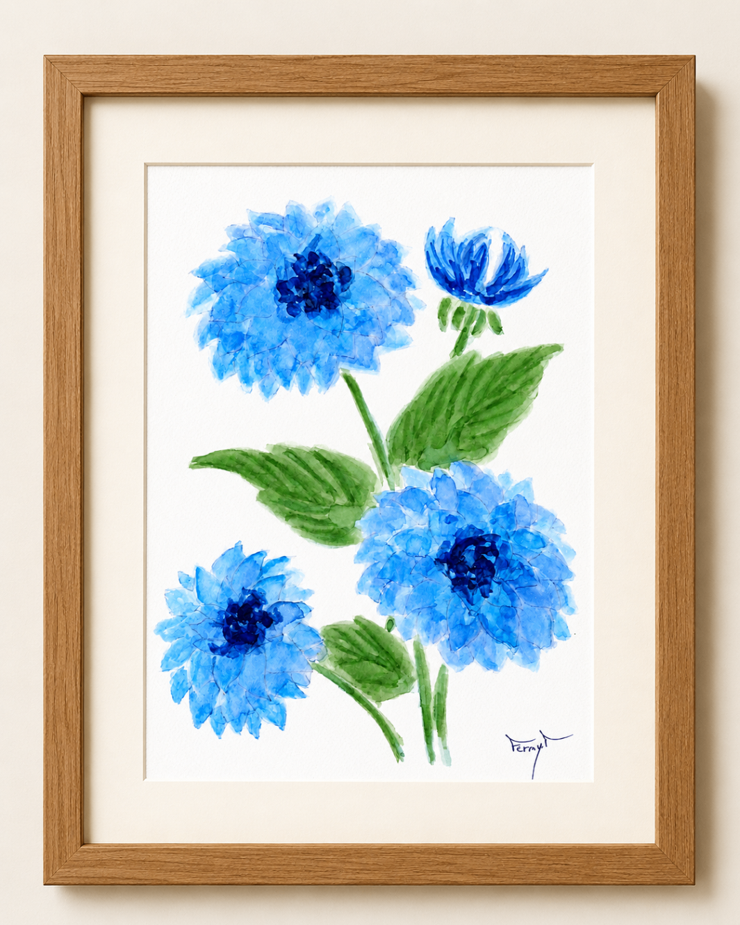 Dibujo enmarcado de flores azules con hojas verdes sobre fondo blanco
