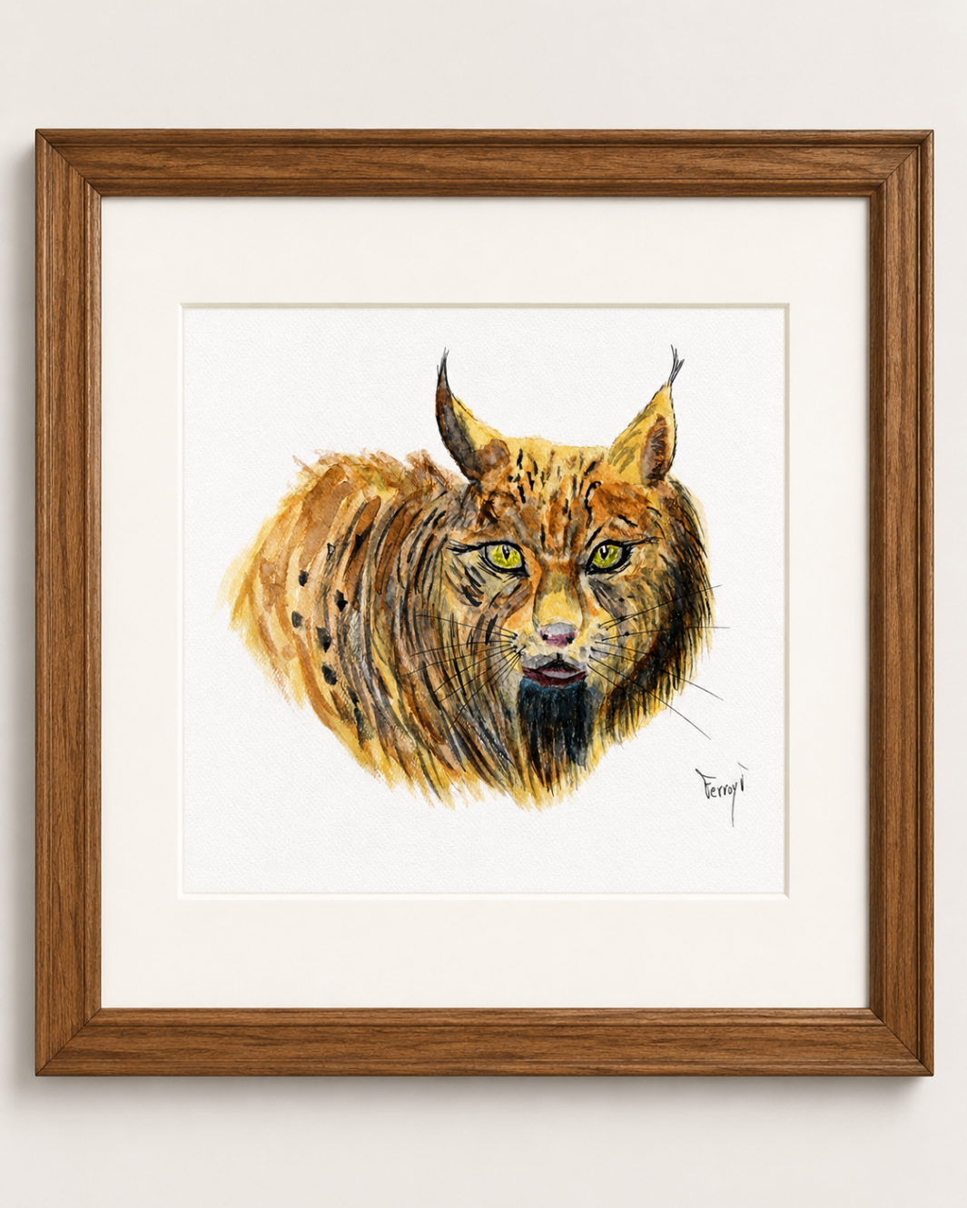 Dibujo enmarcado de un lince de mirada frontal sobre papel blanco
