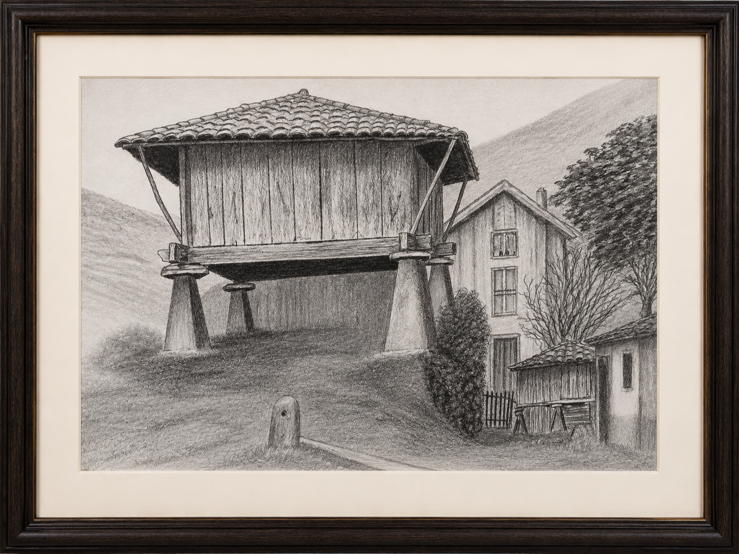 Dibujo enmarcado de un hórreo y casa tradicionales asturianos